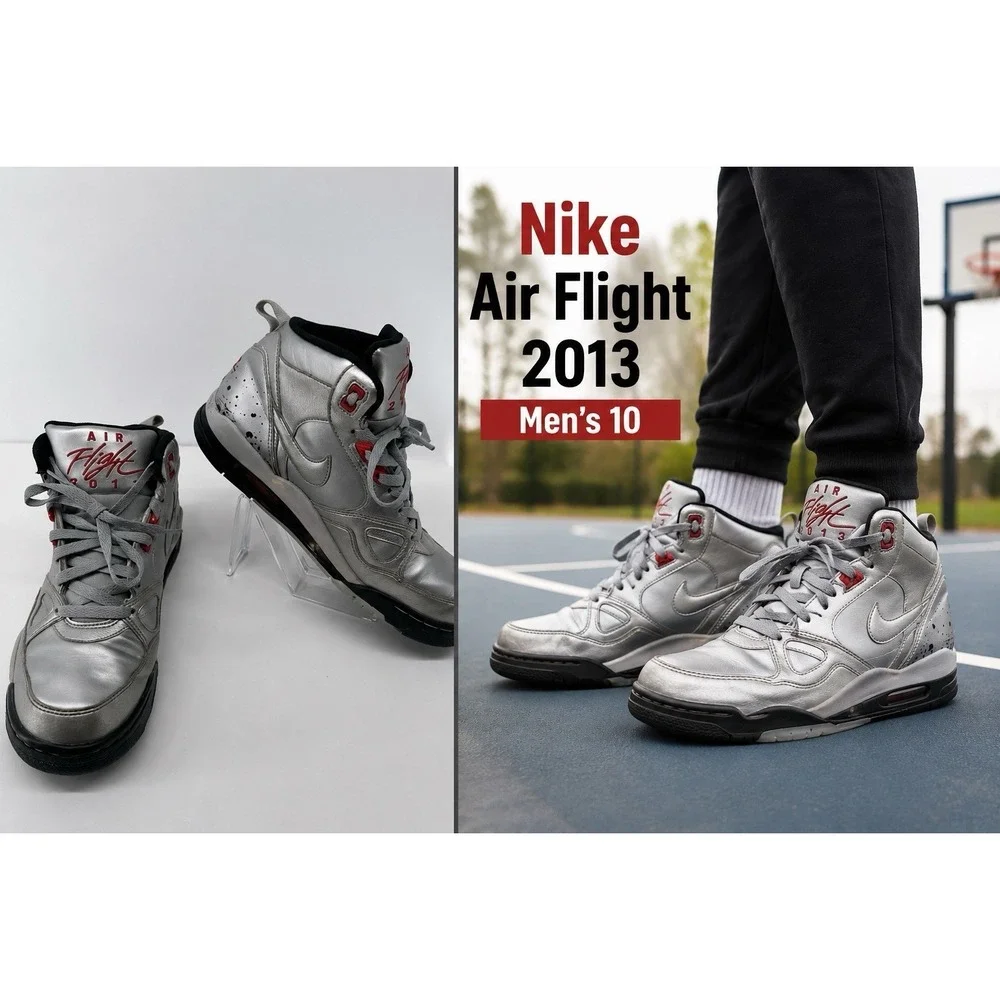 VTG  Nike Air Flight 2013 Silver Red High Top Sneakers Men's 10 Basketball Shoes